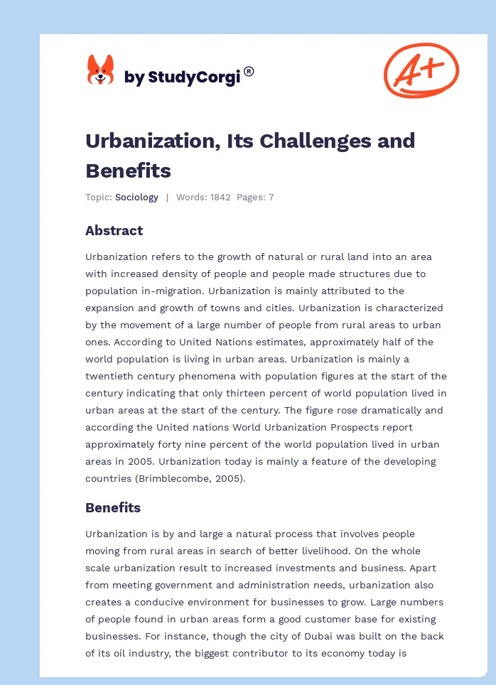 Urbanization, Its Challenges and Benefits. Page 1
