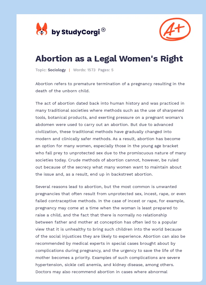 Abortion as a Legal Women's Right. Page 1