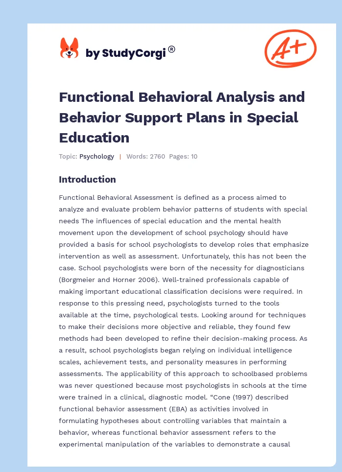 Functional Behavioral Analysis and Behavior Support Plans in Special Education. Page 1