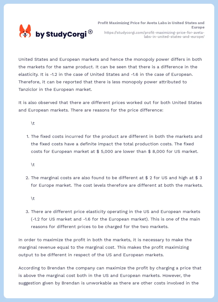 Profit Maximizing Price for Aveta Labs in United States and Europe. Page 2