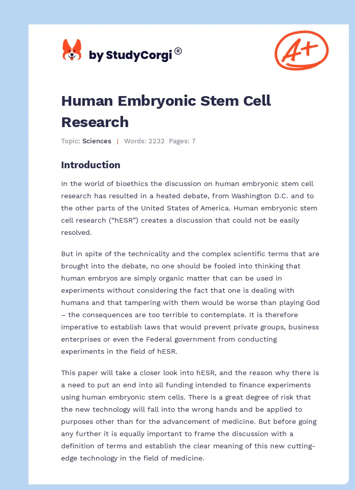 Human Embryonic Stem Cell Research. Page 1
