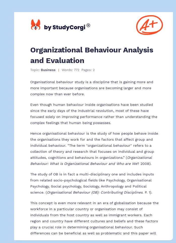 Organizational Behaviour Analysis and Evaluation. Page 1