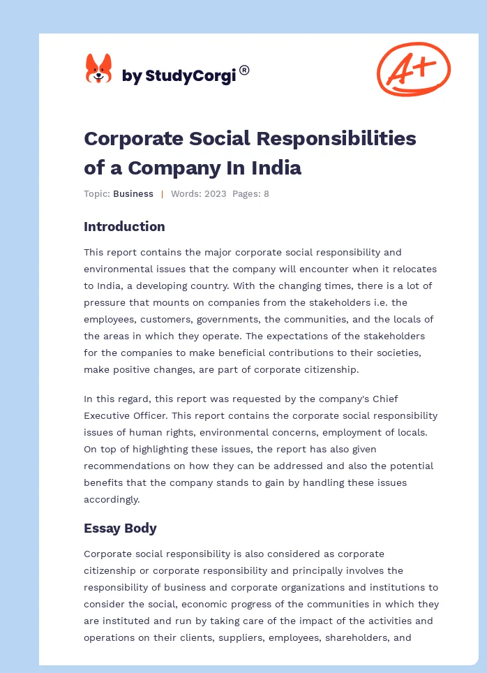 Corporate Social Responsibilities of a Company In India. Page 1