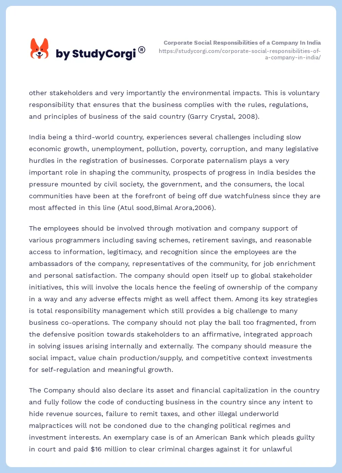 Corporate Social Responsibilities of a Company In India. Page 2