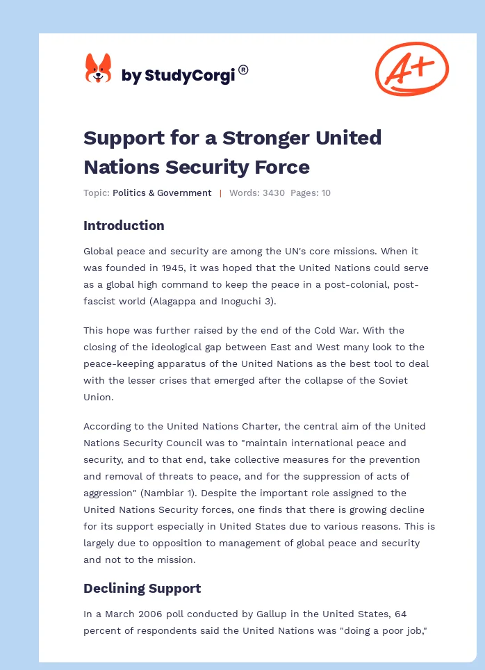 Support for a Stronger United Nations Security Force. Page 1