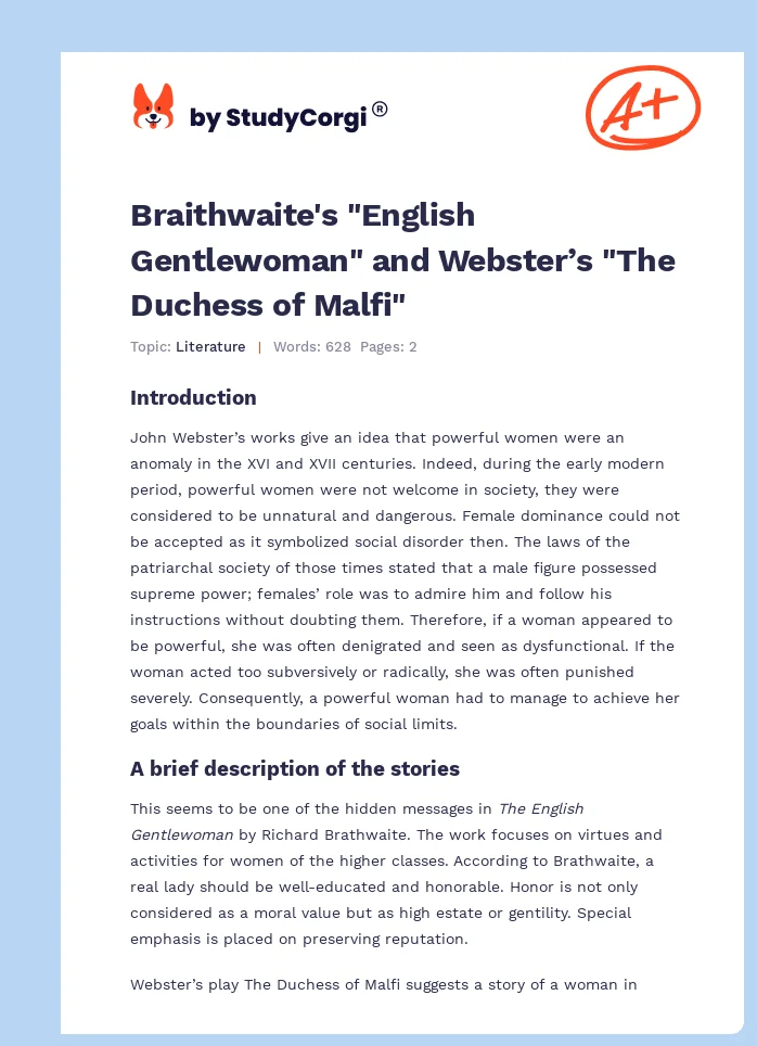 Braithwaite's "English Gentlewoman" and Webster’s "The Duchess of Malfi". Page 1