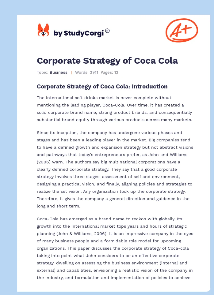 Corporate Strategy of Coca Cola. Page 1