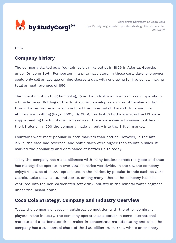 Corporate Strategy of Coca Cola. Page 2