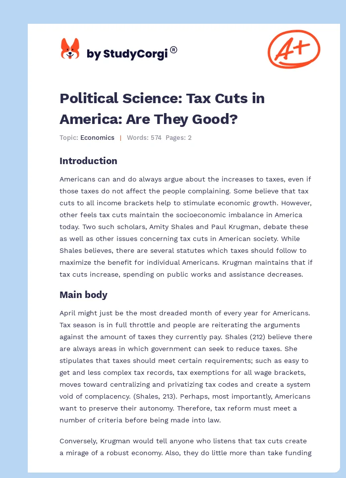 Political Science: Tax Cuts in America: Are They Good?. Page 1