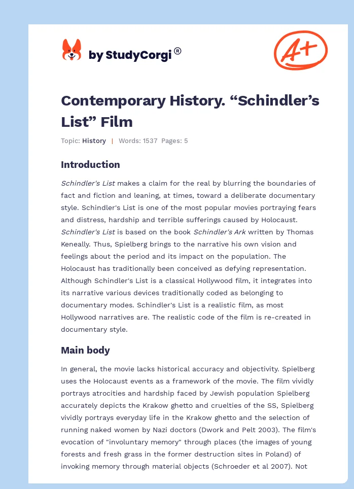 Contemporary History. “Schindler’s List” Film. Page 1