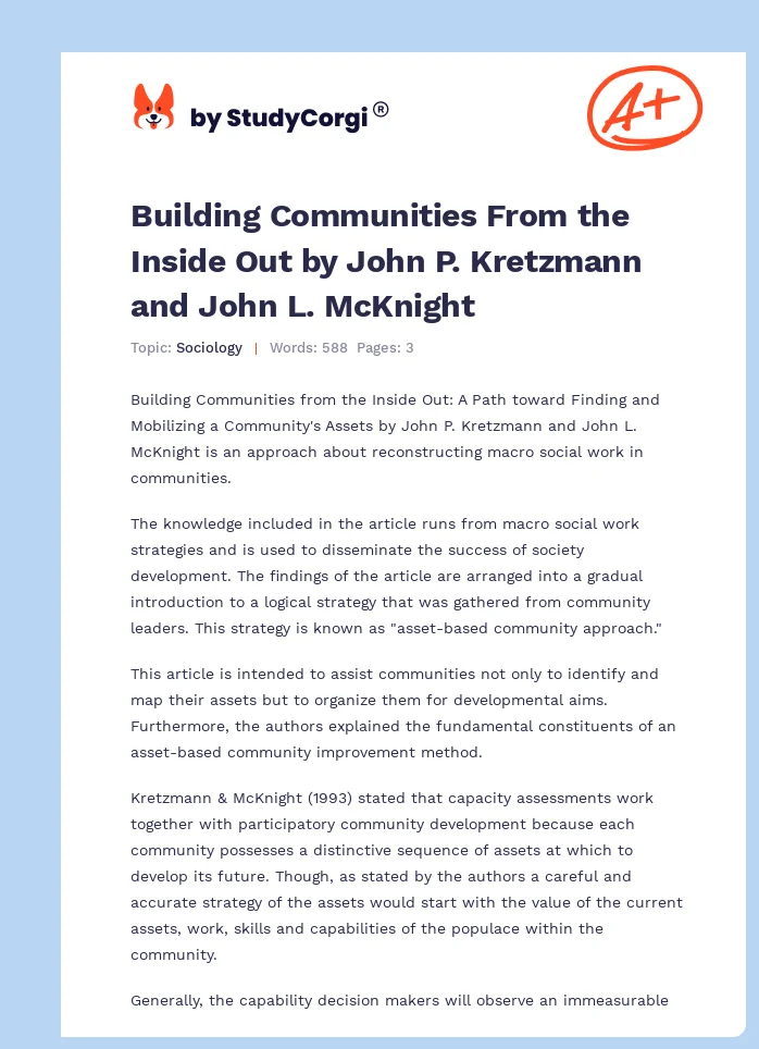 Building Communities From the Inside Out by John P. Kretzmann and John L. McKnight. Page 1