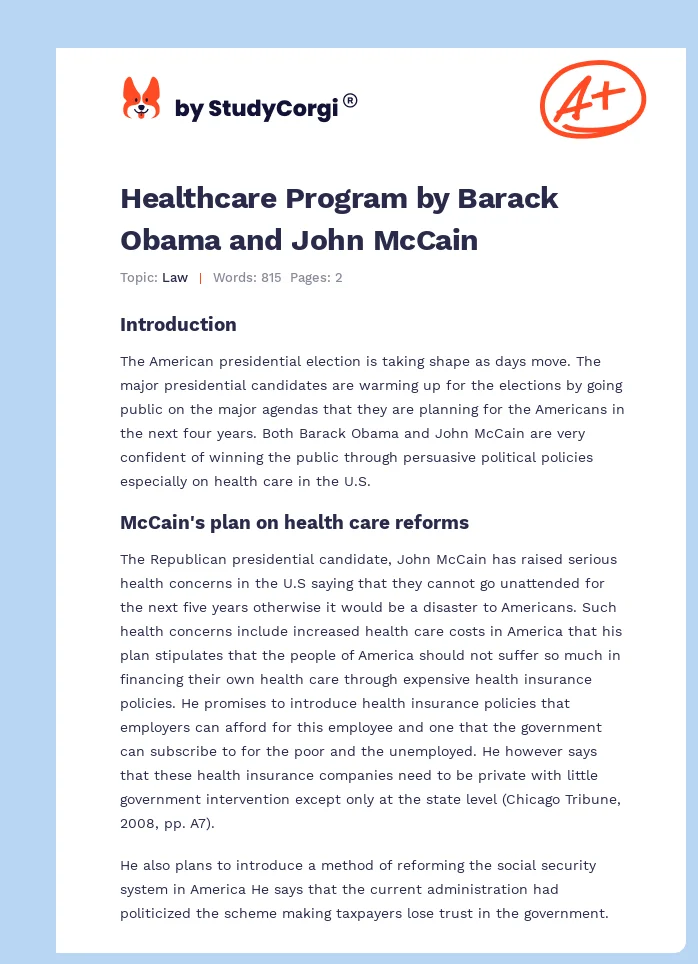Healthcare Program by Barack Obama and John McCain. Page 1