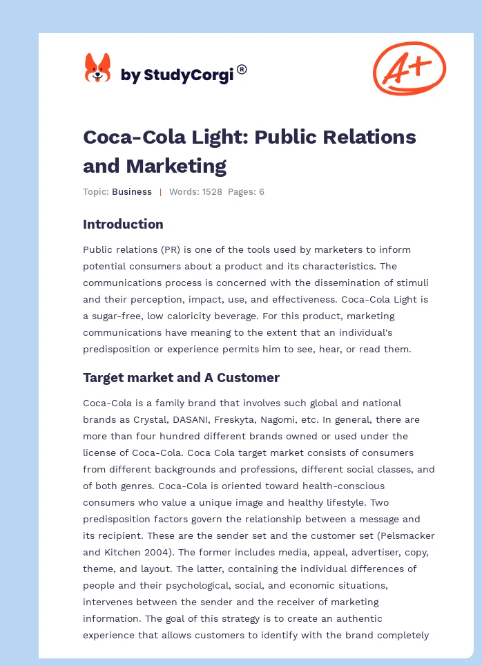 Coca-Cola Light: Public Relations and Marketing. Page 1