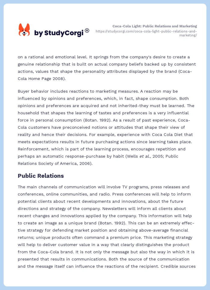 Coca-Cola Light: Public Relations and Marketing. Page 2