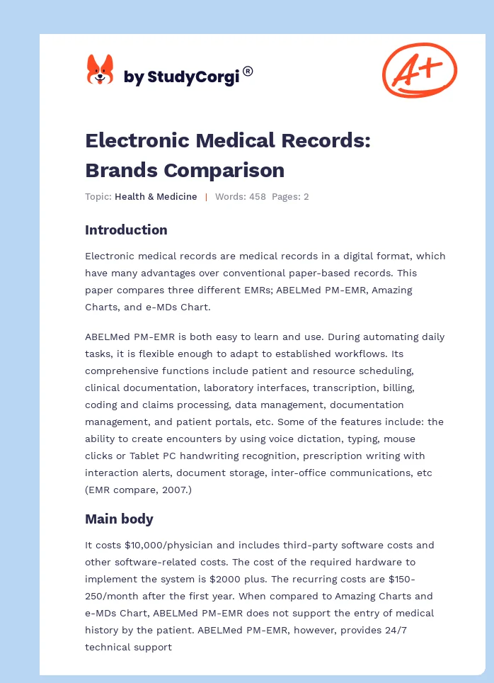 Electronic Medical Records: Brands Comparison. Page 1