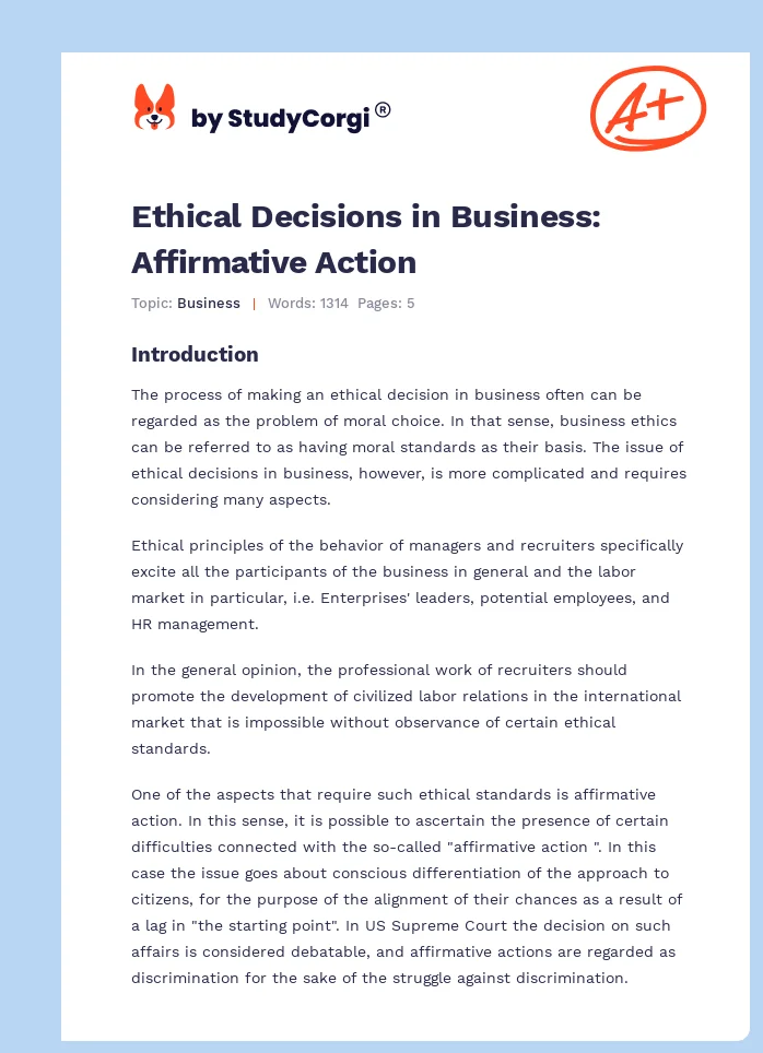 Ethical Decisions in Business: Affirmative Action. Page 1