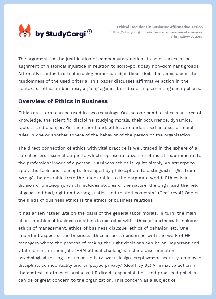 Ethical Decisions in Business: Affirmative Action. Page 2