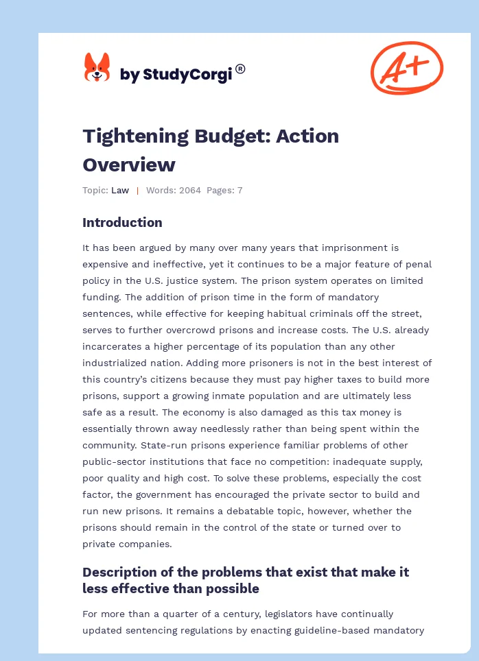 Tightening Budget: Action Overview. Page 1