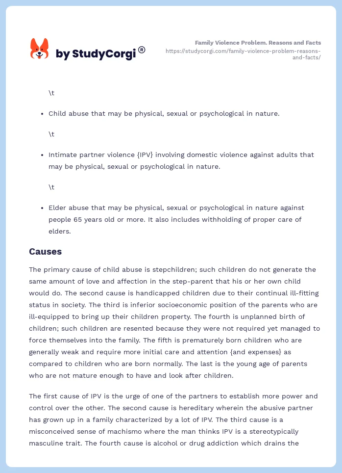 Family Violence Problem. Reasons and Facts. Page 2