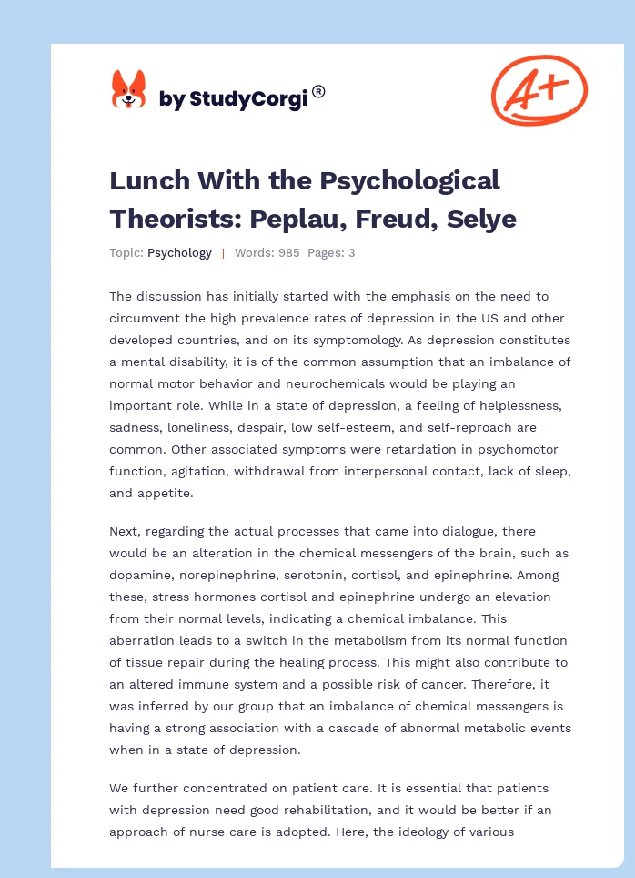Lunch With the Psychological Theorists: Peplau, Freud, Selye. Page 1