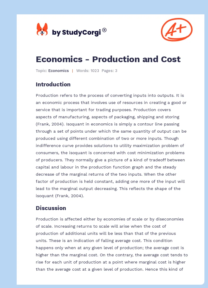 Economics - Production and Cost. Page 1