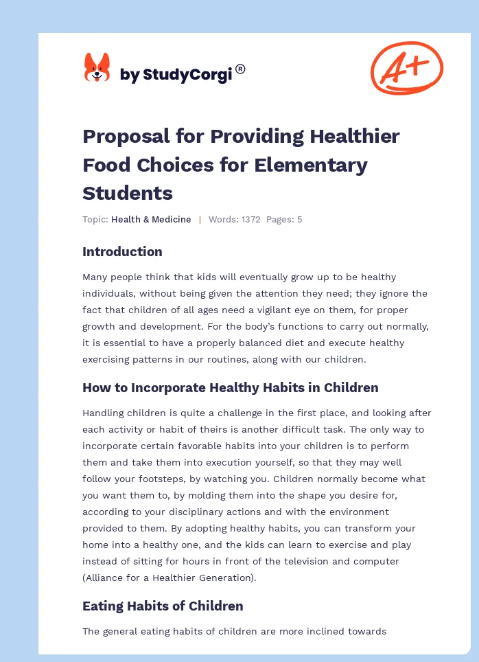 Proposal for Providing Healthier Food Choices for Elementary Students. Page 1