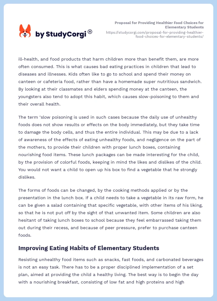 Proposal for Providing Healthier Food Choices for Elementary Students. Page 2