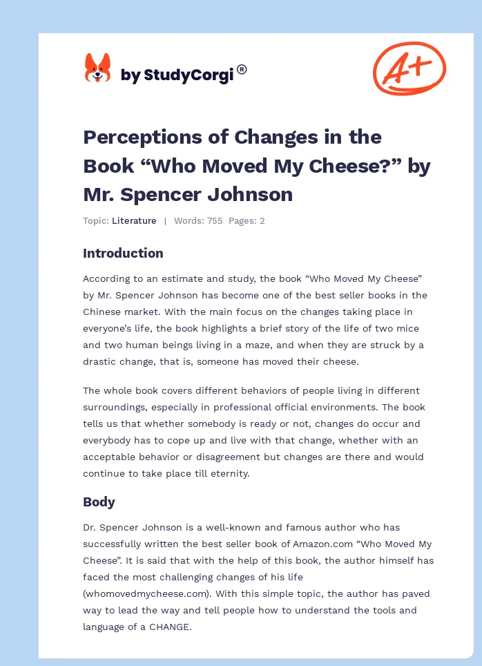 Perceptions of Changes in the Book “Who Moved My Cheese?” by Mr. Spencer Johnson. Page 1