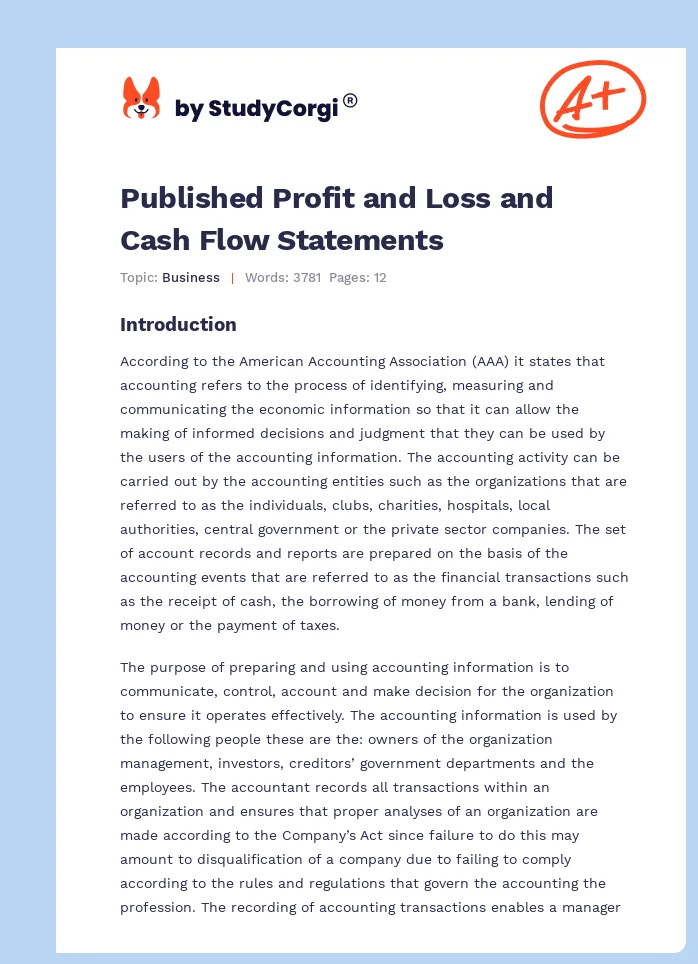 Published Profit and Loss and Cash Flow Statements. Page 1