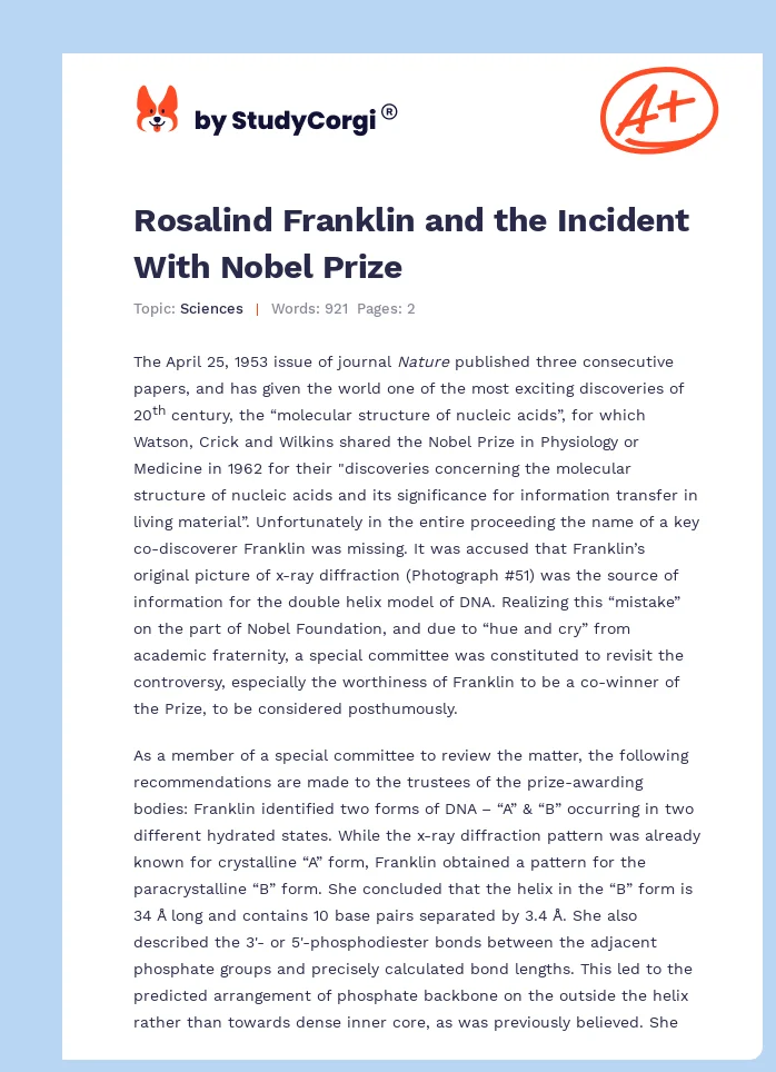 Rosalind Franklin and the Incident With Nobel Prize. Page 1