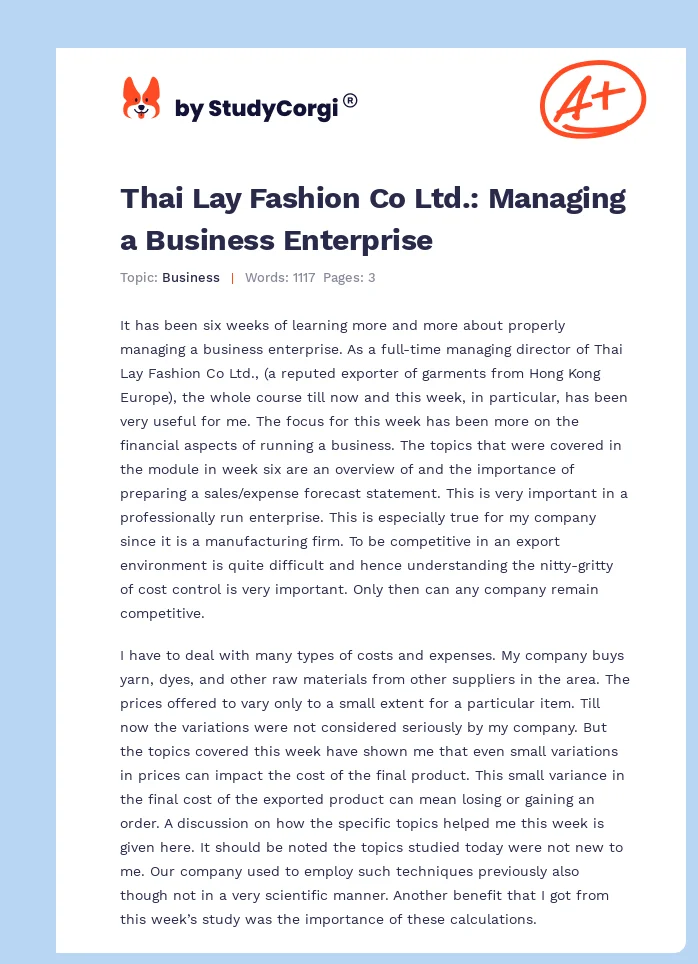 Thai Lay Fashion Co Ltd.: Managing a Business Enterprise. Page 1