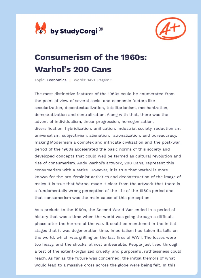 Consumerism of the 1960s: Warhol’s 200 Cans. Page 1