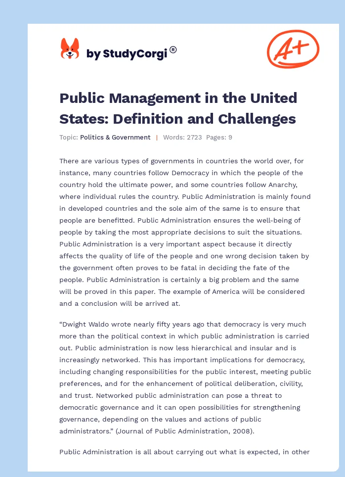 Public Management in the United States: Definition and Challenges. Page 1