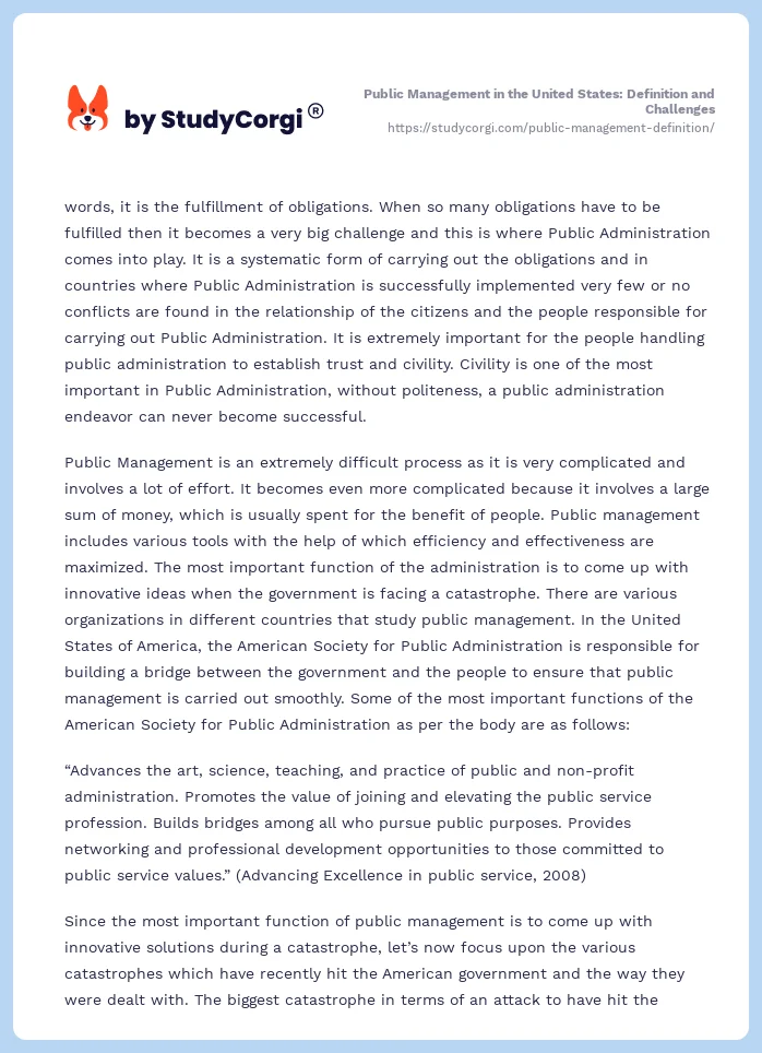 Public Management in the United States: Definition and Challenges. Page 2