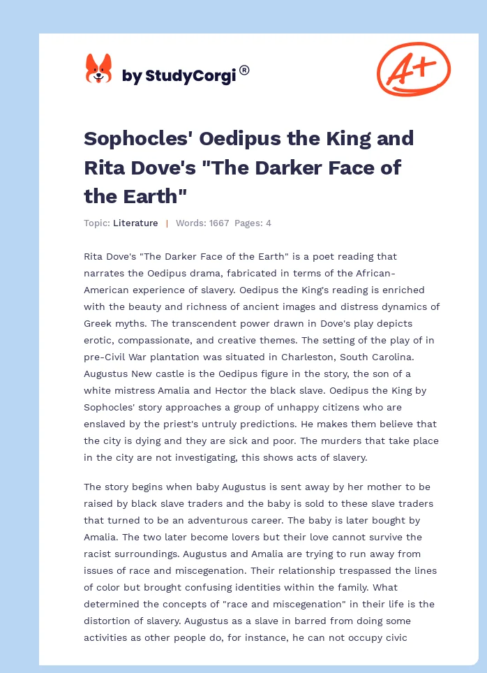 Sophocles' Oedipus the King and Rita Dove's "The Darker Face of the Earth". Page 1