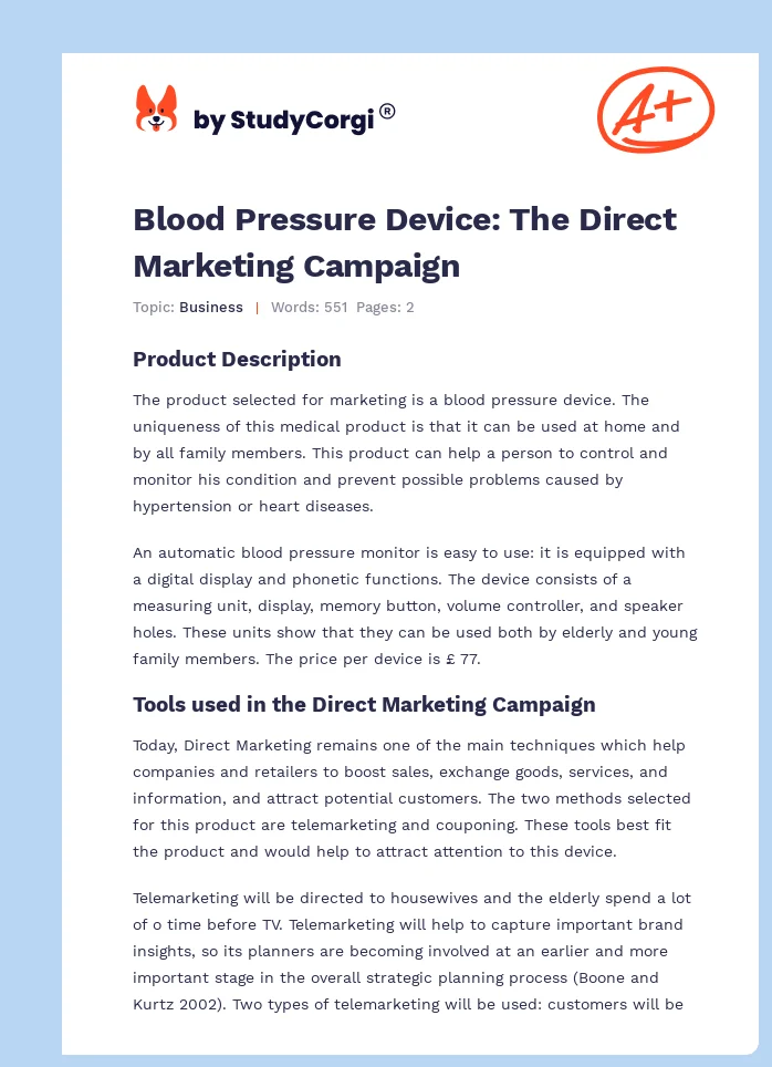 Blood Pressure Device: The Direct Marketing Campaign. Page 1