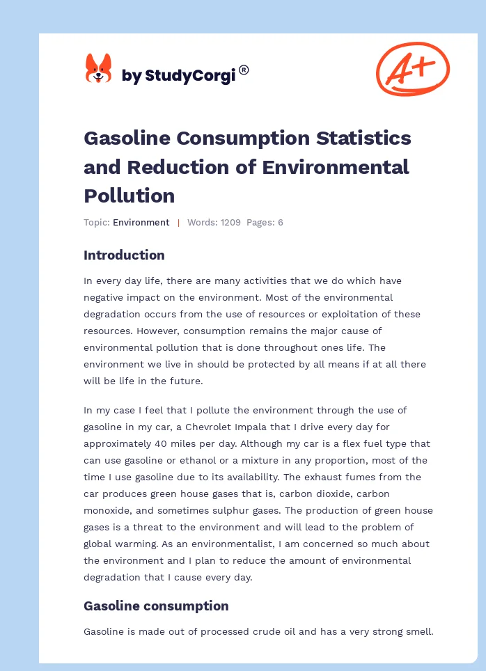 Gasoline Consumption Statistics and Reduction of Environmental Pollution. Page 1