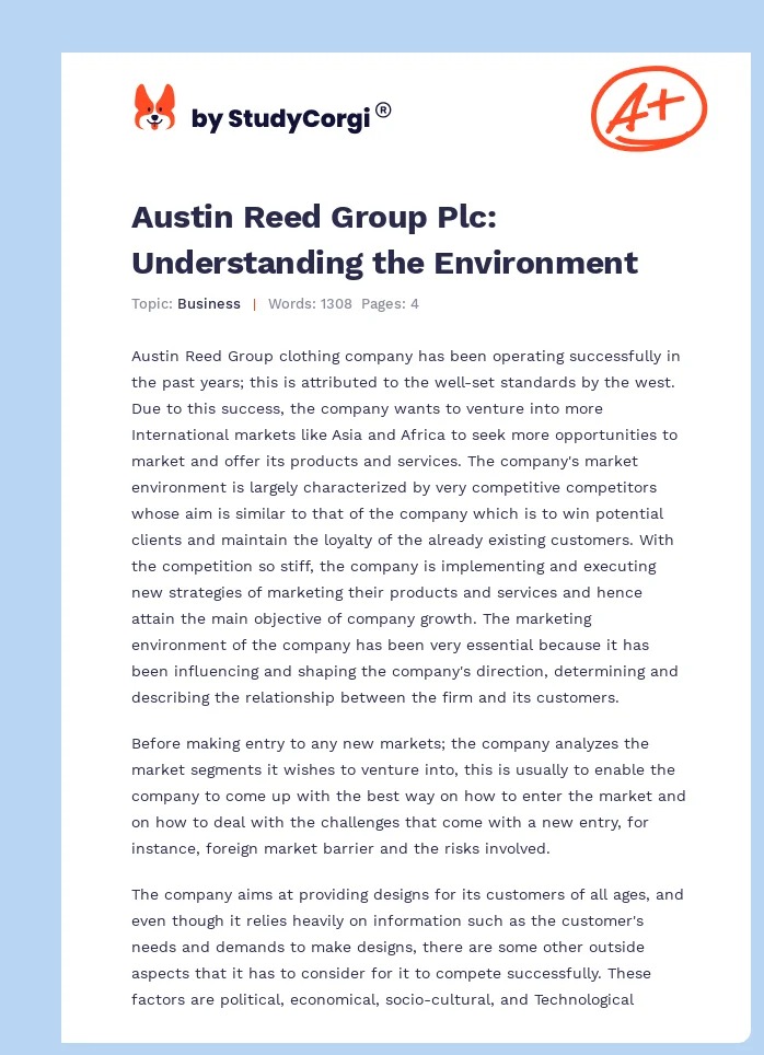 Austin Reed Group Plc: Understanding the Environment. Page 1