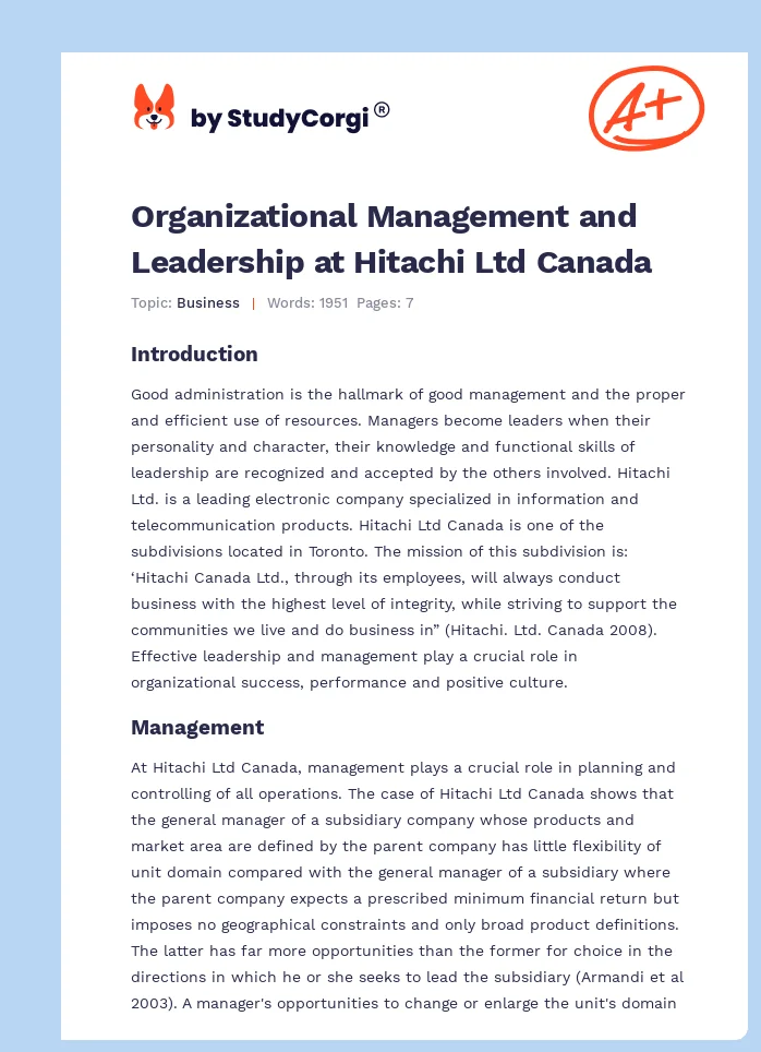 Organizational Management and Leadership at Hitachi Ltd Canada. Page 1