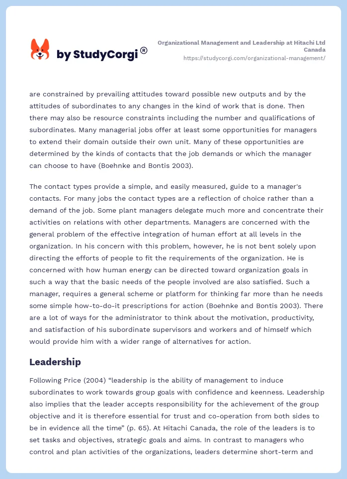 Organizational Management and Leadership at Hitachi Ltd Canada. Page 2