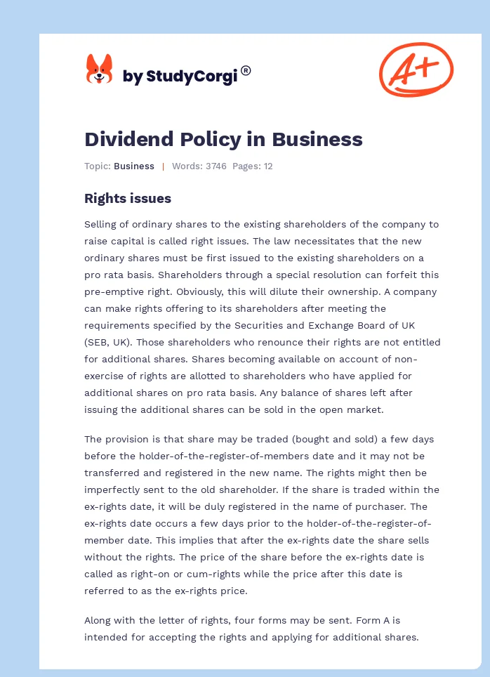 Dividend Policy in Business. Page 1