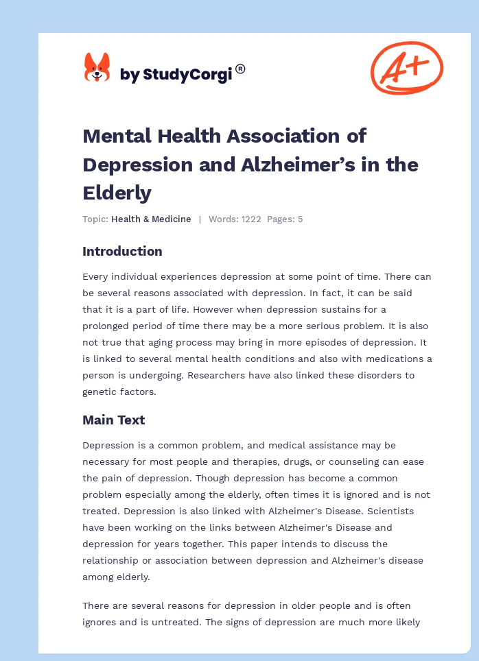Mental Health Association of Depression and Alzheimer’s in the Elderly. Page 1