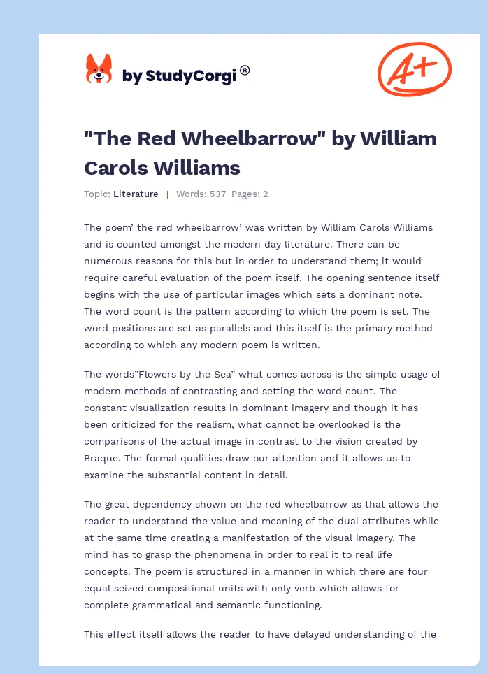 "The Red Wheelbarrow" by William Carols Williams. Page 1