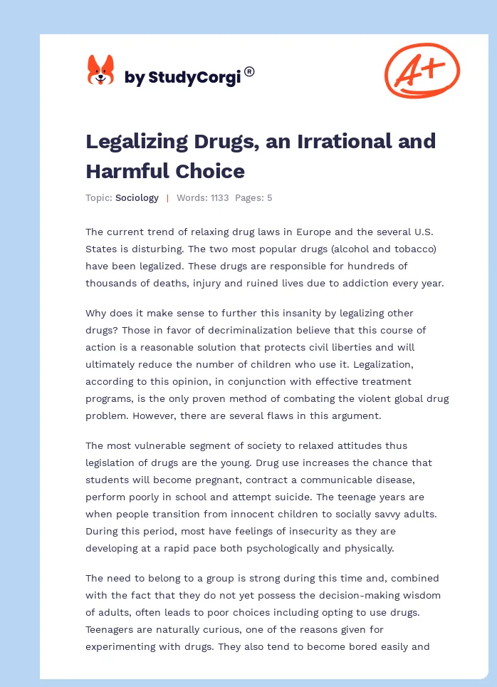 pros and cons of legalizing drugs essay