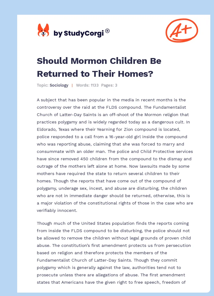 Should Mormon Children Be Returned to Their Homes?. Page 1