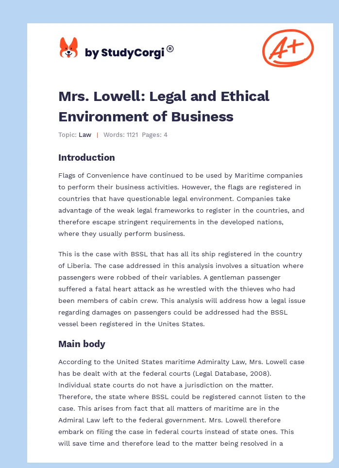 Mrs. Lowell: Legal and Ethical Environment of Business. Page 1