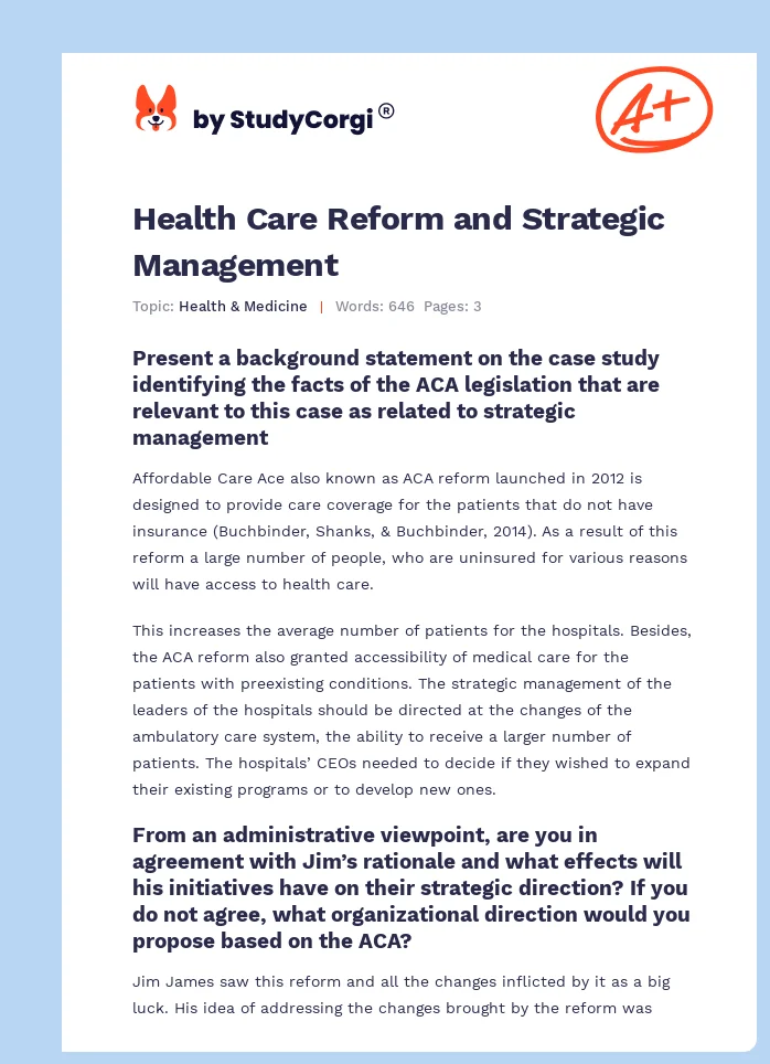 Health Care Reform and Strategic Management. Page 1