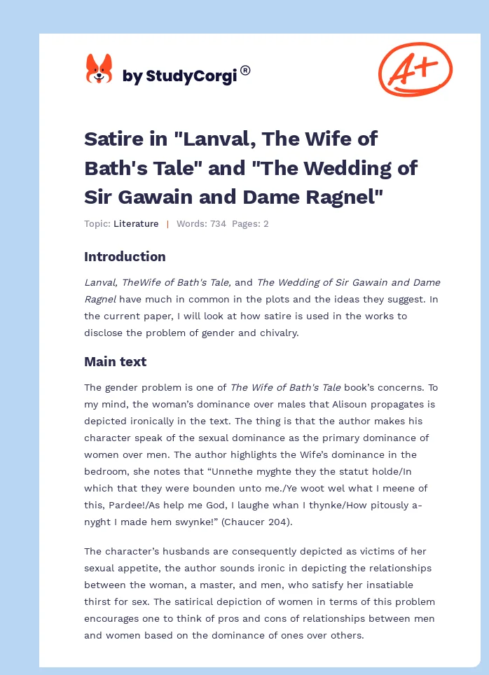 Satire in "Lanval, The Wife of Bath's Tale" and "The Wedding of Sir Gawain and Dame Ragnel". Page 1