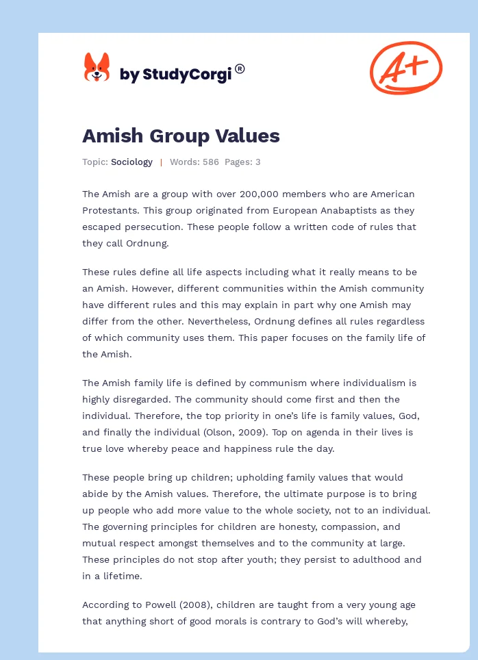 Amish Group Values. Page 1