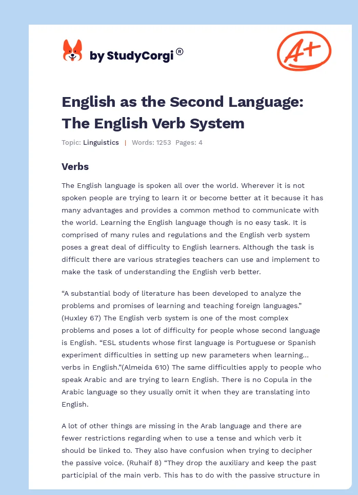 English as the Second Language: The English Verb System. Page 1